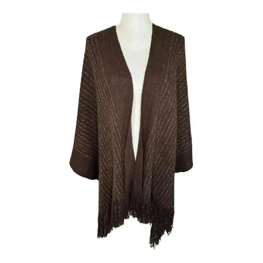 NEW BCBGMAXAZRIA Brown And Gold‎ Open Front Knot Fringe Sweater NWT